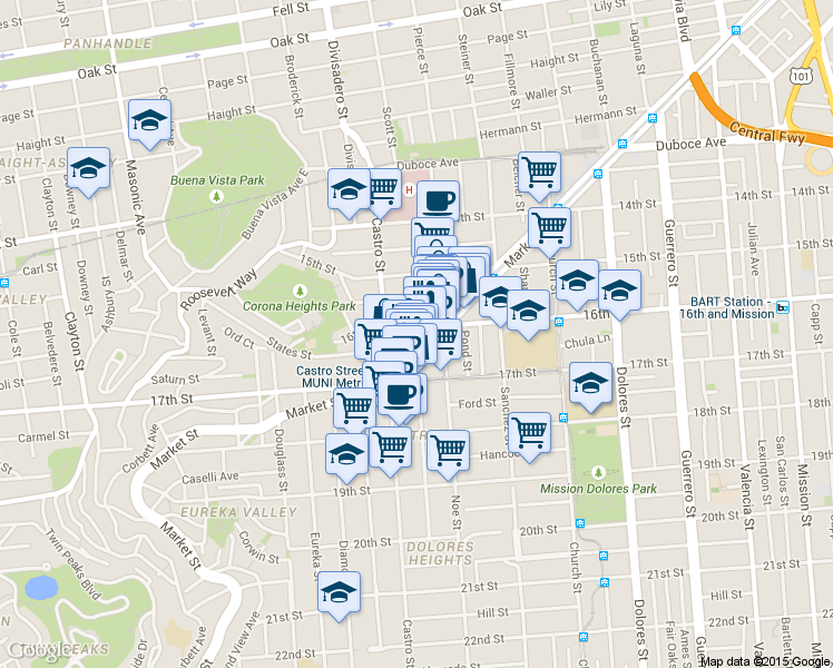 map of restaurants, bars, coffee shops, grocery stores, and more near 3653 16th Street in San Francisco