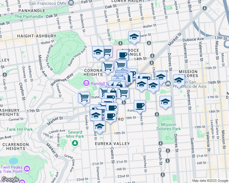 map of restaurants, bars, coffee shops, grocery stores, and more near 3653 16th Street in San Francisco