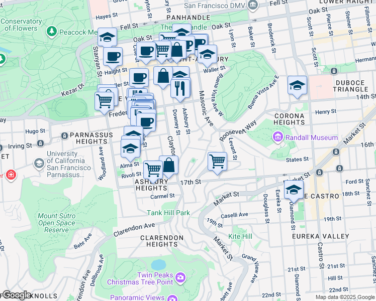map of restaurants, bars, coffee shops, grocery stores, and more near 1035 Ashbury Street in San Francisco