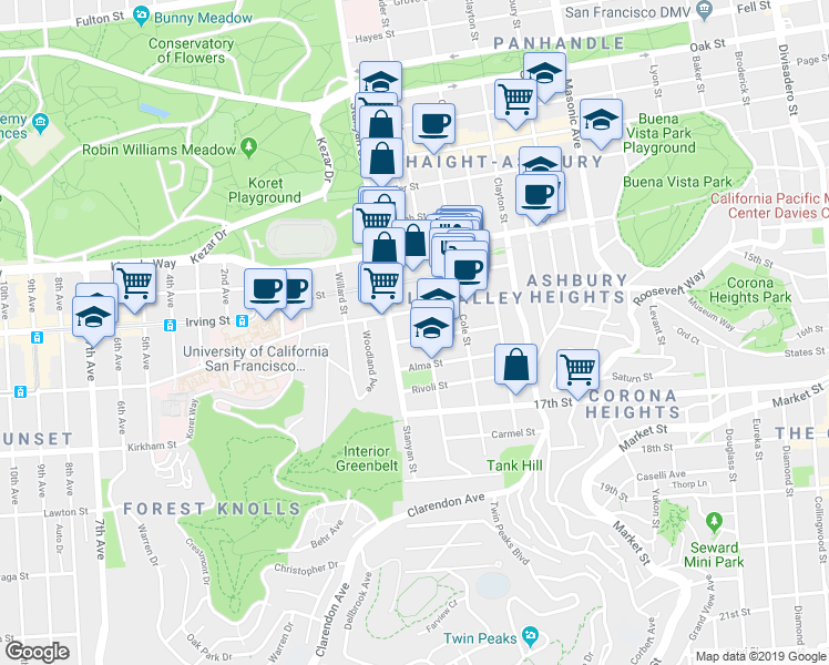 map of restaurants, bars, coffee shops, grocery stores, and more near 180 Grattan Street in San Francisco