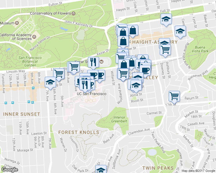 map of restaurants, bars, coffee shops, grocery stores, and more near 337 Parnassus Avenue in San Francisco