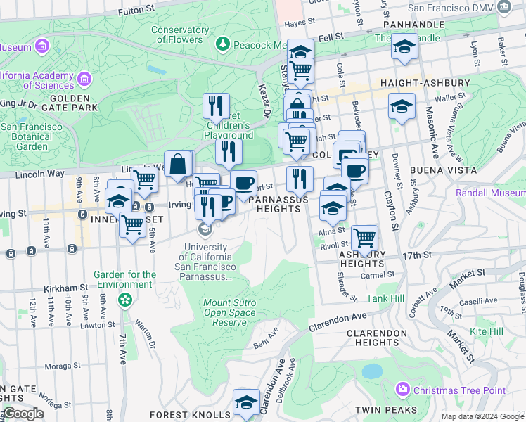 map of restaurants, bars, coffee shops, grocery stores, and more near 337 Parnassus Avenue in San Francisco