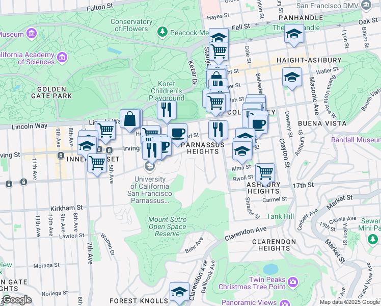 map of restaurants, bars, coffee shops, grocery stores, and more near 337 Parnassus Avenue in San Francisco