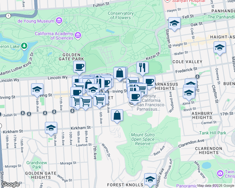 map of restaurants, bars, coffee shops, grocery stores, and more near 1319 3rd Avenue in San Francisco