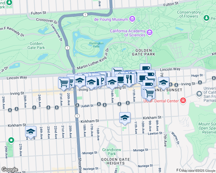 map of restaurants, bars, coffee shops, grocery stores, and more near 1300 Irving Street in San Francisco