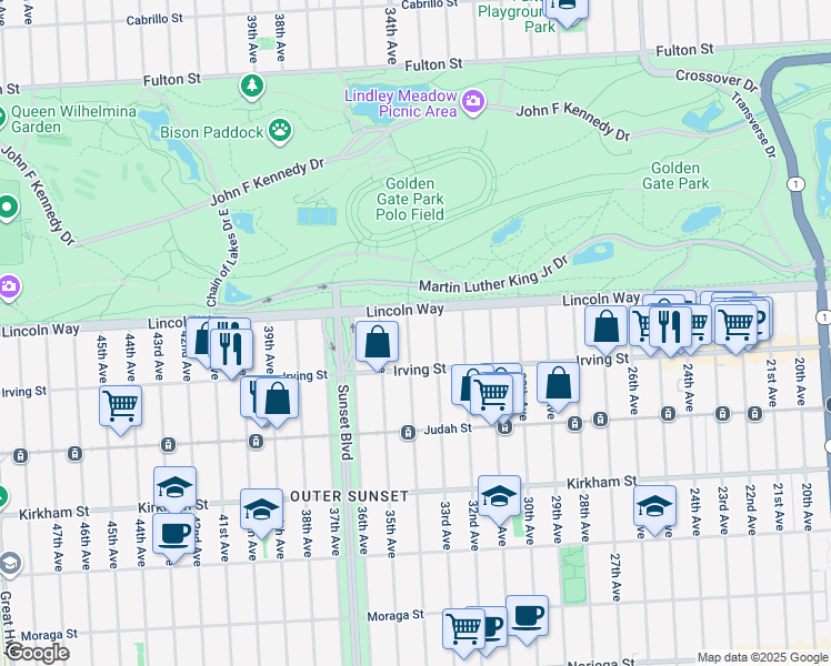 map of restaurants, bars, coffee shops, grocery stores, and more near 1238 34th Avenue in San Francisco