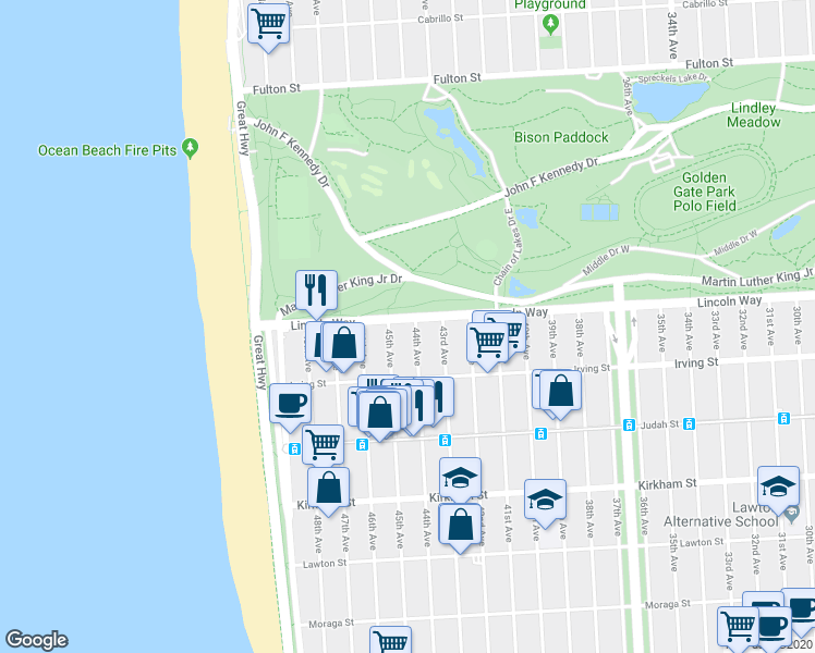 map of restaurants, bars, coffee shops, grocery stores, and more near 1206 45th Avenue in San Francisco