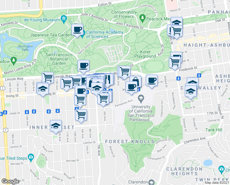 map of restaurants, bars, coffee shops, grocery stores, and more near 333 Irving Street in San Francisco