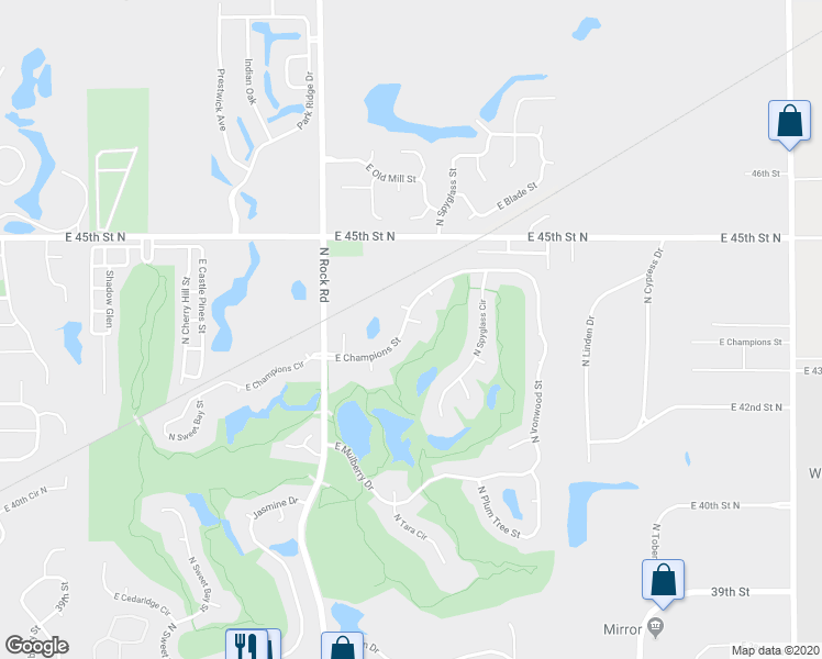 map of restaurants, bars, coffee shops, grocery stores, and more near 8303 East Champions Street in Wichita