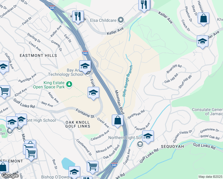 map of restaurants, bars, coffee shops, grocery stores, and more near 8781 Mountain Boulevard in Oakland