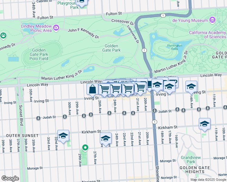 map of restaurants, bars, coffee shops, grocery stores, and more near 1265 24th Avenue in San Francisco