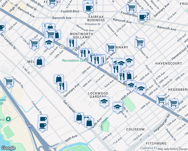 map of restaurants, bars, coffee shops, grocery stores, and more near 1321 60th Avenue in Oakland
