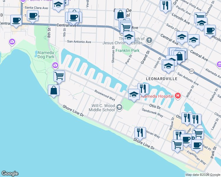 map of restaurants, bars, coffee shops, grocery stores, and more near 1221 Otis Drive in Alameda