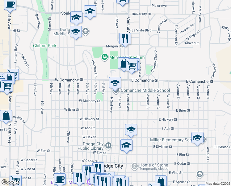 map of restaurants, bars, coffee shops, grocery stores, and more near 1601 1st Avenue in Dodge City