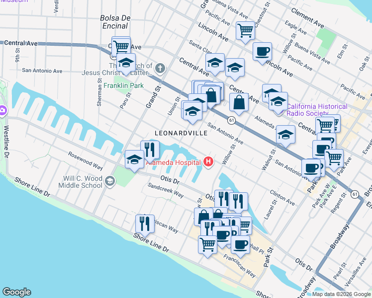 map of restaurants, bars, coffee shops, grocery stores, and more near 1922 Clinton Avenue in Alameda