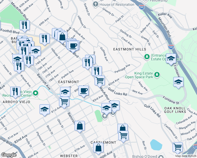 map of restaurants, bars, coffee shops, grocery stores, and more near 8016 MacArthur Boulevard in Oakland