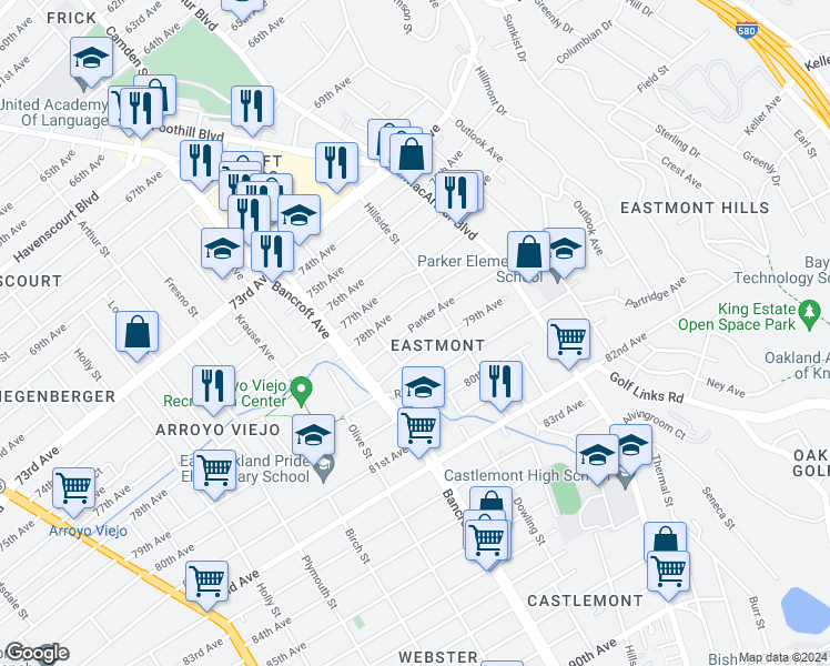 map of restaurants, bars, coffee shops, grocery stores, and more near 2638 Parker Avenue in Oakland