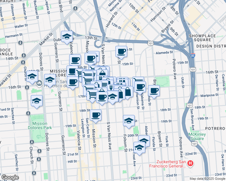 map of restaurants, bars, coffee shops, grocery stores, and more near 274 Shotwell Street in San Francisco