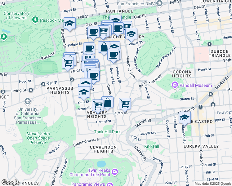 map of restaurants, bars, coffee shops, grocery stores, and more near 1035 Ashbury Street in San Francisco