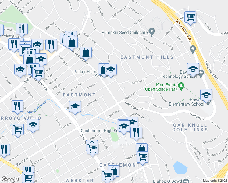 map of restaurants, bars, coffee shops, grocery stores, and more near 8016 MacArthur Boulevard in Oakland