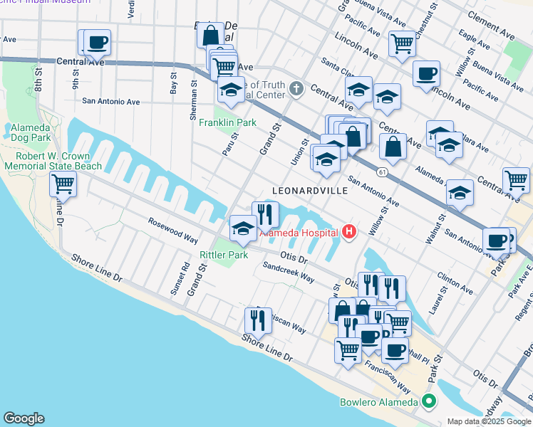 map of restaurants, bars, coffee shops, grocery stores, and more near 641 Waterview Isle in Alameda
