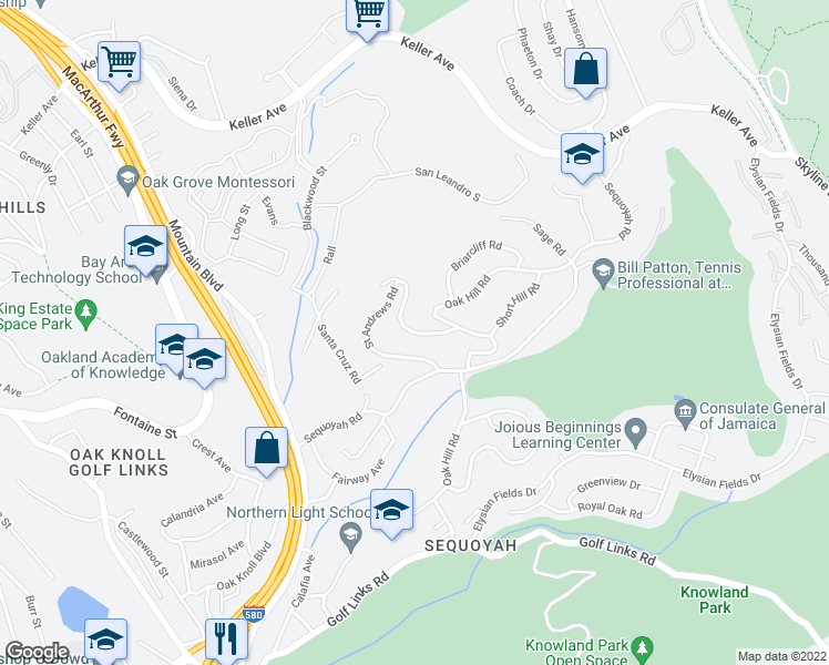 map of restaurants, bars, coffee shops, grocery stores, and more near 4520 Saint Andrews Road in Oakland