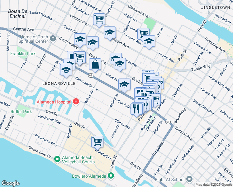 map of restaurants, bars, coffee shops, grocery stores, and more near 1117 Walnut Street in Alameda