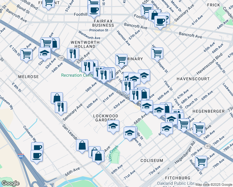 map of restaurants, bars, coffee shops, grocery stores, and more near 6115 International Boulevard in Oakland