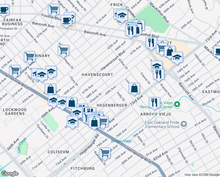 map of restaurants, bars, coffee shops, grocery stores, and more near 1827 69th Avenue in Oakland