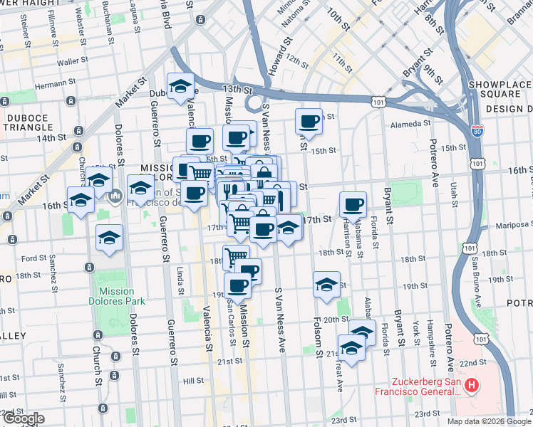 map of restaurants, bars, coffee shops, grocery stores, and more near 566 South Van Ness Avenue in San Francisco