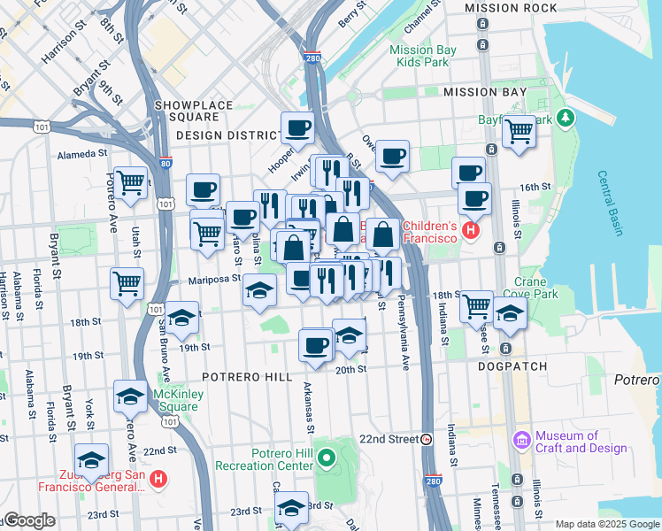map of restaurants, bars, coffee shops, grocery stores, and more near 1316 Mariposa Street in San Francisco