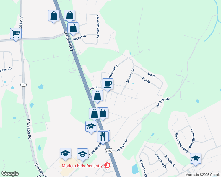 map of restaurants, bars, coffee shops, grocery stores, and more near 128 1st Street in Elizabethtown