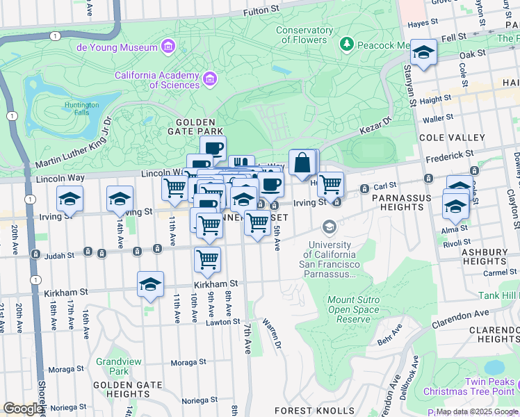 map of restaurants, bars, coffee shops, grocery stores, and more near 1302 6th Avenue in San Francisco