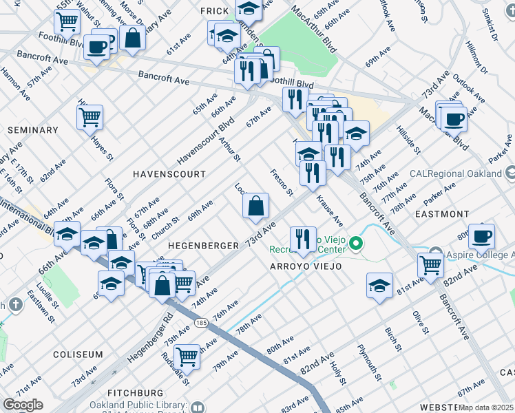 map of restaurants, bars, coffee shops, grocery stores, and more near 7106 Lockwood Street in Oakland