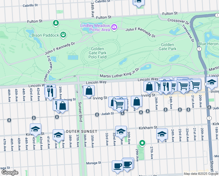 map of restaurants, bars, coffee shops, grocery stores, and more near 1239 32nd Avenue in San Francisco