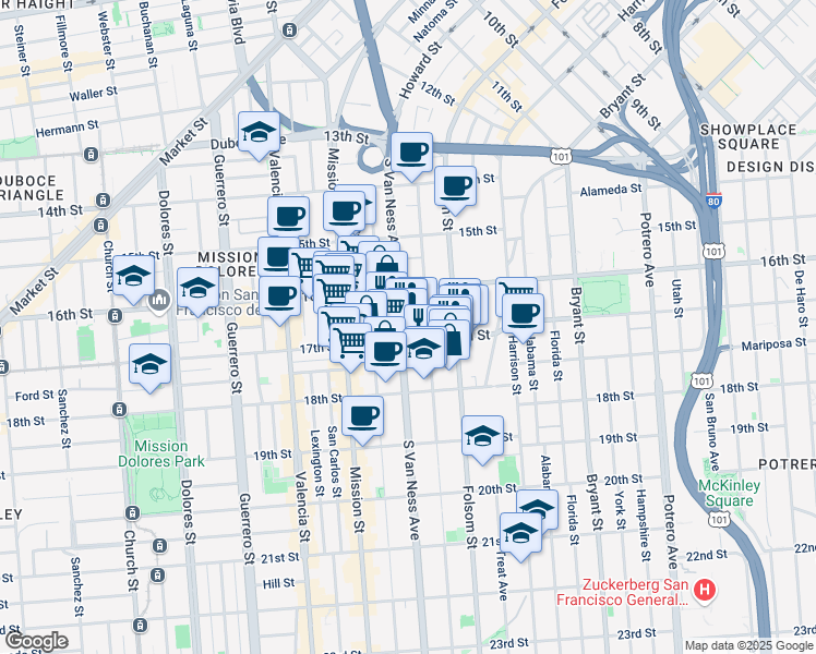 map of restaurants, bars, coffee shops, grocery stores, and more near 573 South Van Ness Avenue in San Francisco