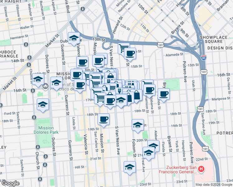 map of restaurants, bars, coffee shops, grocery stores, and more near 573 South Van Ness Avenue in San Francisco