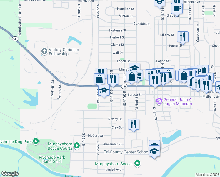 map of restaurants, bars, coffee shops, grocery stores, and more near 2101 Walnut Street in Murphysboro