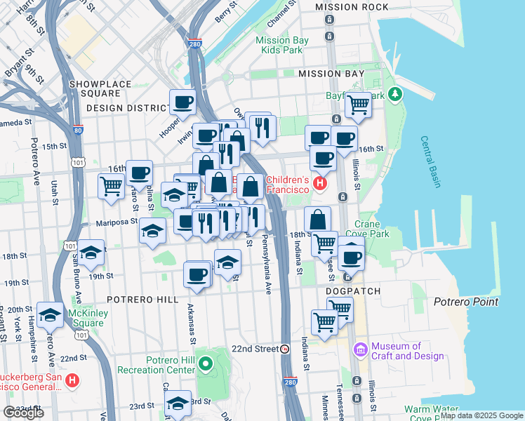 map of restaurants, bars, coffee shops, grocery stores, and more near Mariposa Street & Pennsylvania Avenue in San Francisco