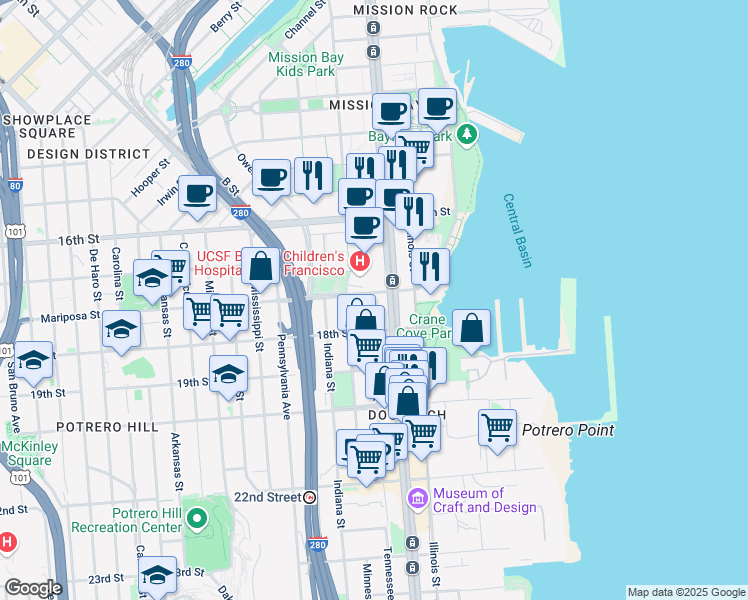 map of restaurants, bars, coffee shops, grocery stores, and more near 597 Mariposa Street in San Francisco