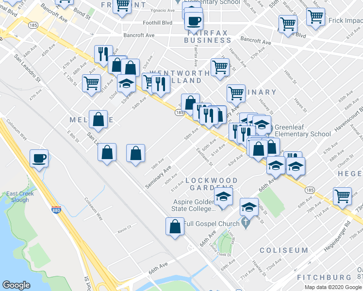 map of restaurants, bars, coffee shops, grocery stores, and more near 1262 58th Avenue in Oakland