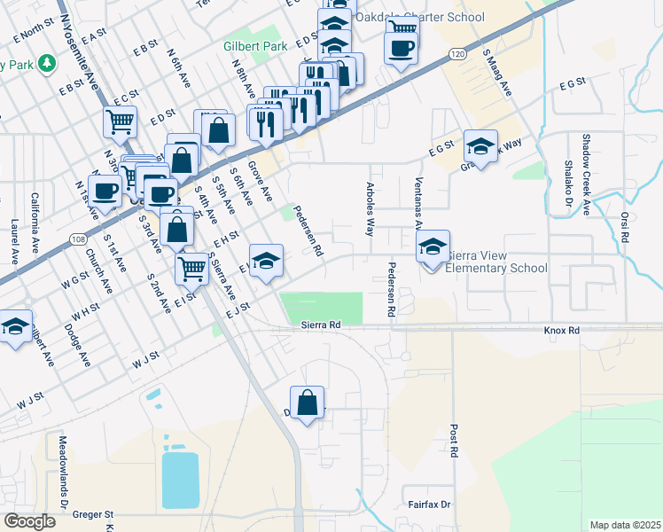 map of restaurants, bars, coffee shops, grocery stores, and more near 521 Pedersen Court in Oakdale
