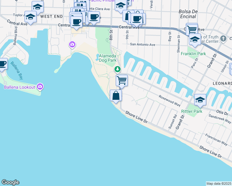 map of restaurants, bars, coffee shops, grocery stores, and more near 501-543 Westline Drive in Alameda
