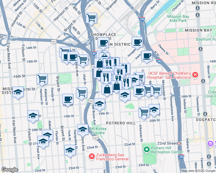 map of restaurants, bars, coffee shops, grocery stores, and more near 451 Kansas Street in San Francisco
