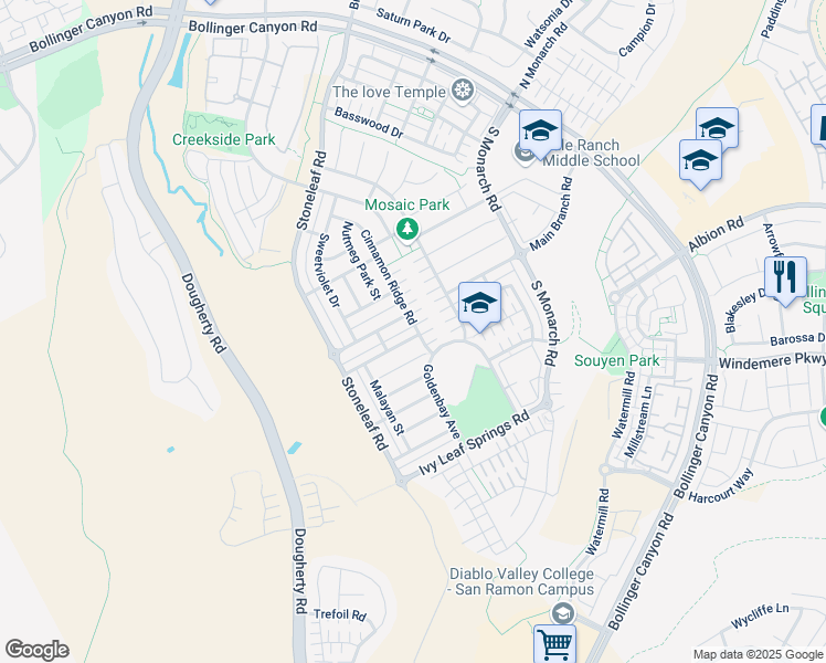 map of restaurants, bars, coffee shops, grocery stores, and more near 4877 Cornflower Street in San Ramon