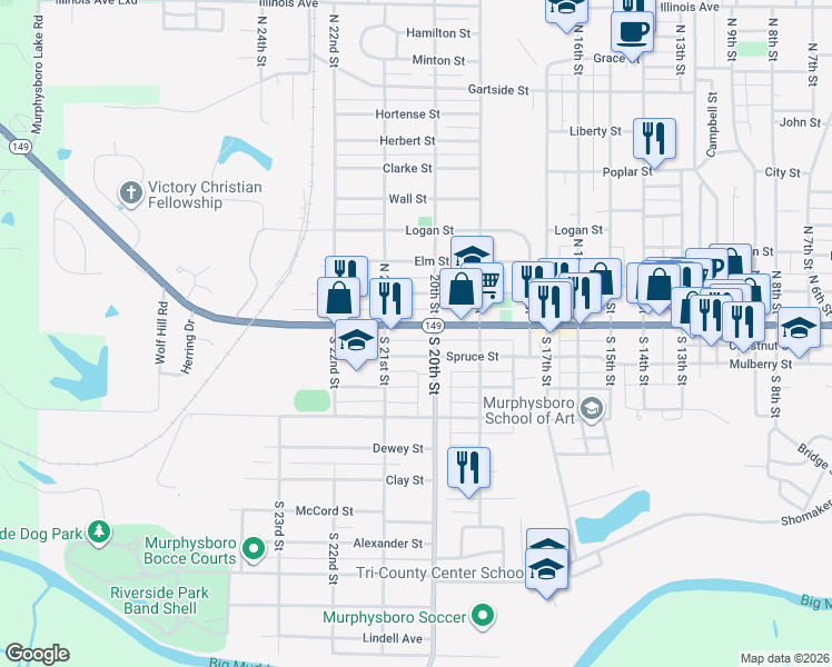 map of restaurants, bars, coffee shops, grocery stores, and more near 2015 Walnut Street in Murphysboro