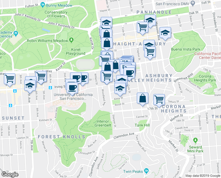 map of restaurants, bars, coffee shops, grocery stores, and more near 1118 Stanyan Street in San Francisco