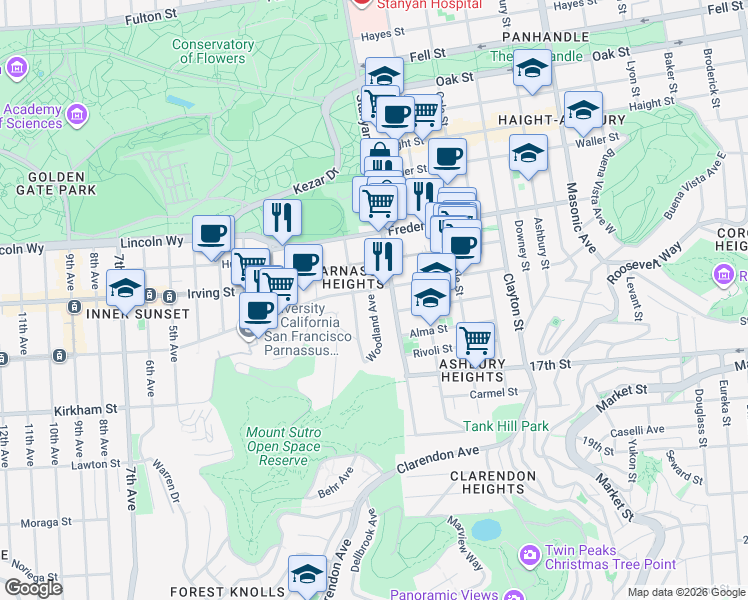 map of restaurants, bars, coffee shops, grocery stores, and more near 2 Woodland Avenue in San Francisco