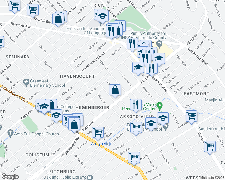 map of restaurants, bars, coffee shops, grocery stores, and more near 7027 Lockwood Street in Oakland