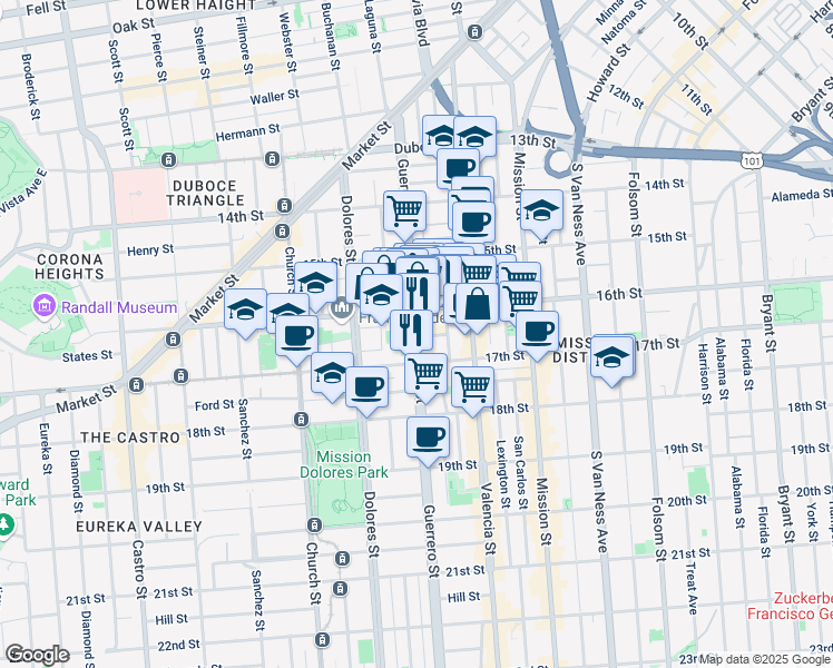 map of restaurants, bars, coffee shops, grocery stores, and more near 60 Camp Street in San Francisco